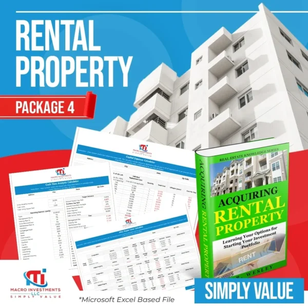 Get your Rental Property Package 4, that includes the following investment calculators and eBook - Rental Property Calculator, CapEx Calculator, ARV Calculator and Acquiring Rental Property eBook.