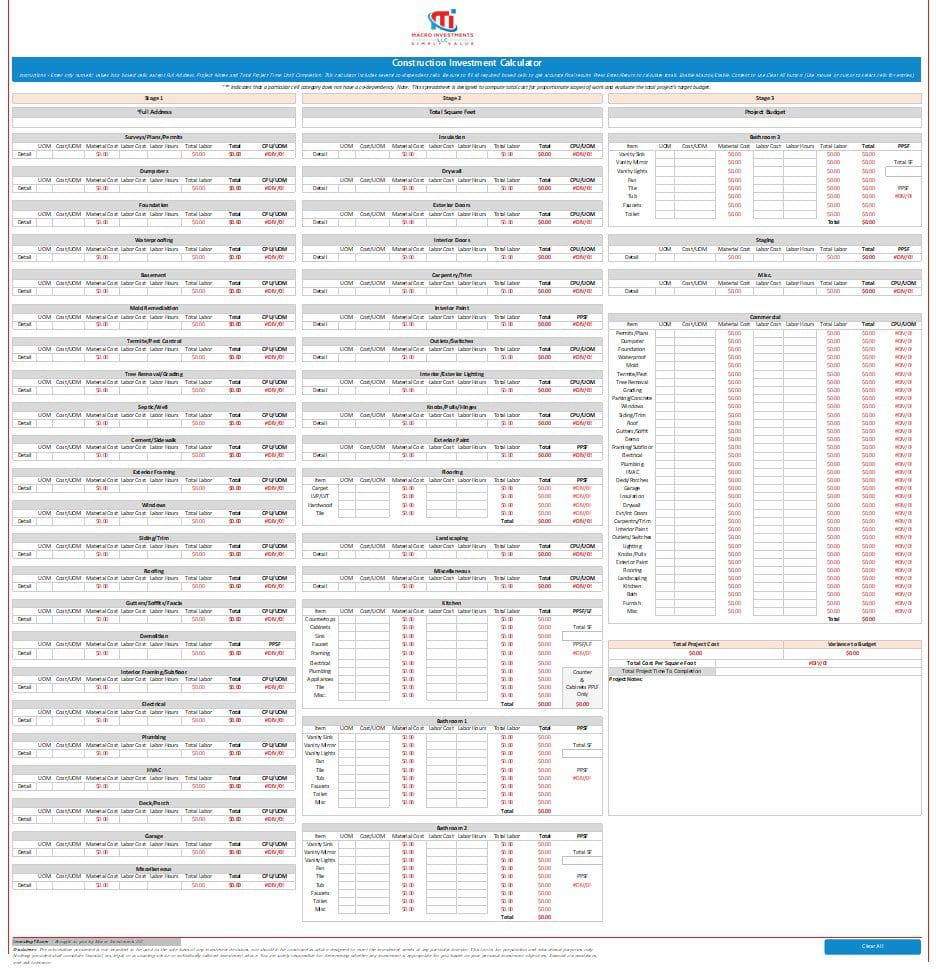 Display of the construction investment calculator used by anyone renovating any real estate.