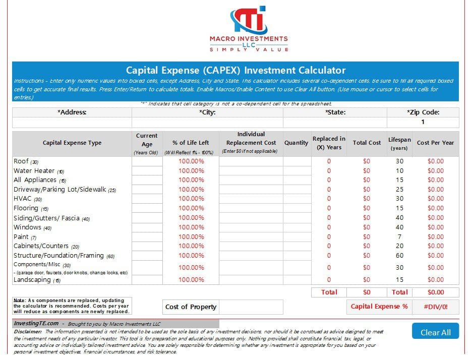 Display of the capital expense (CapEx) investment calculator used by investors to see how much to set aside each month for capital expenses.