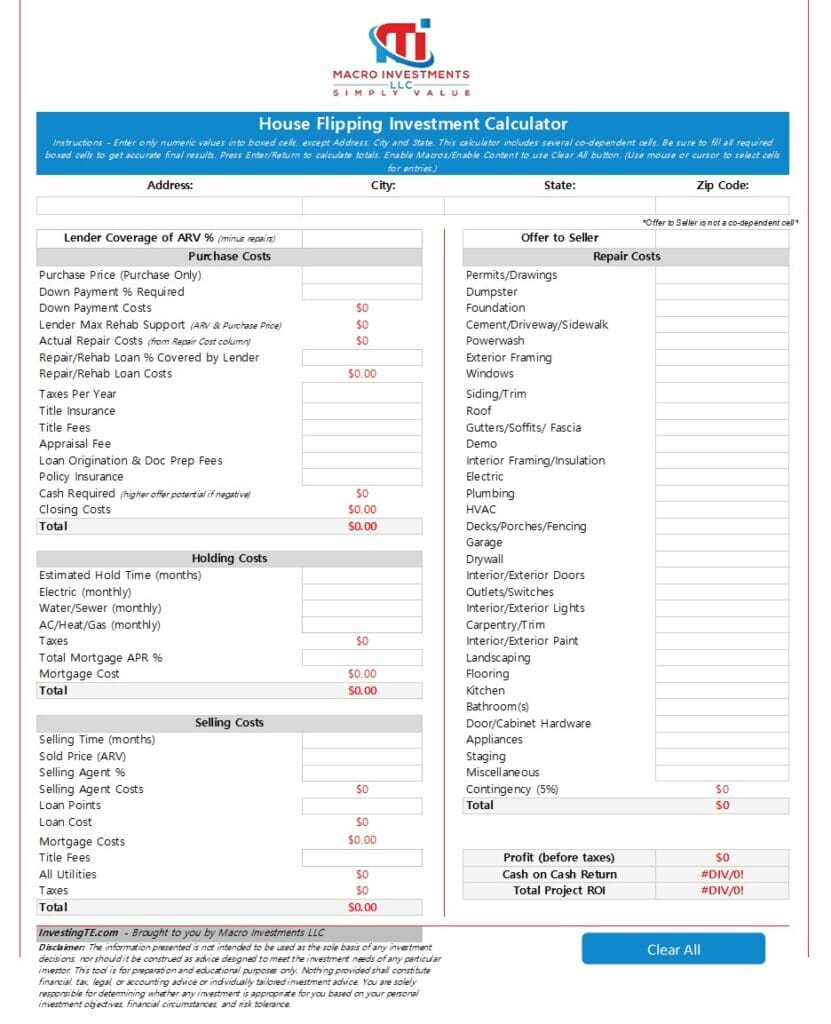 Display of the house flipping investment calculator and all its line-item expenses.