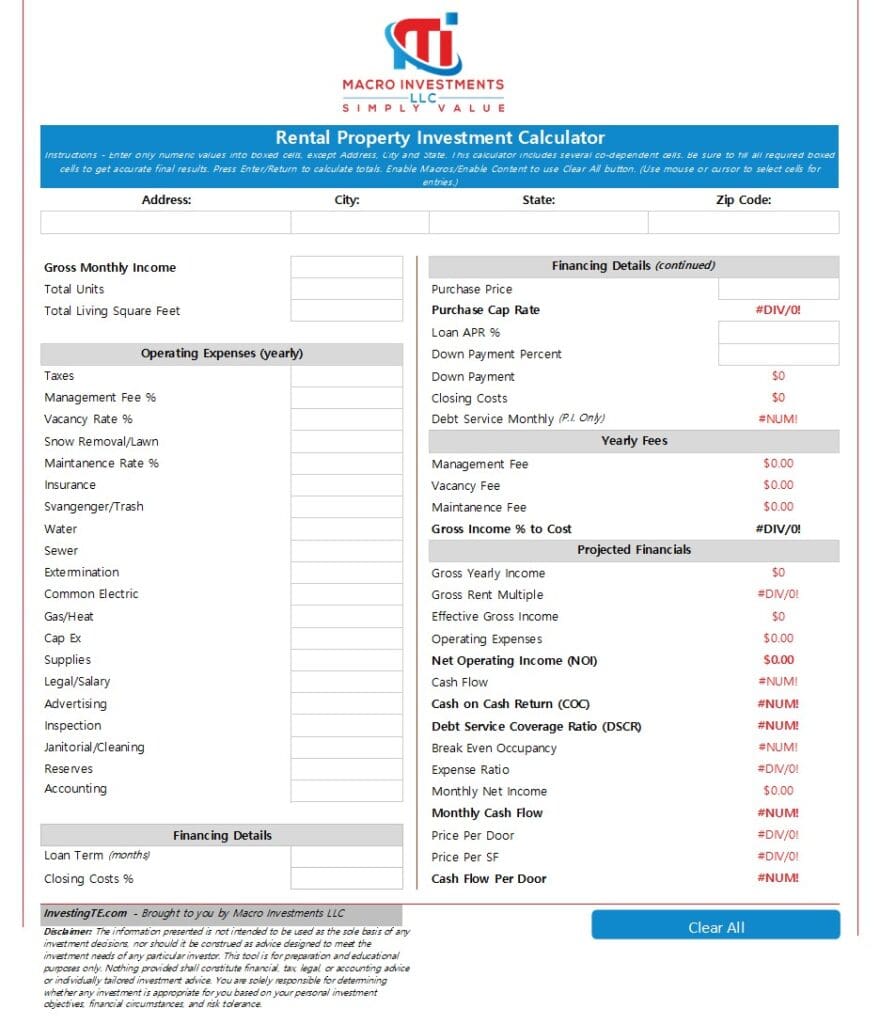 Display of the rental property investment calculator and all of it's metrics used to calculate cash flow.