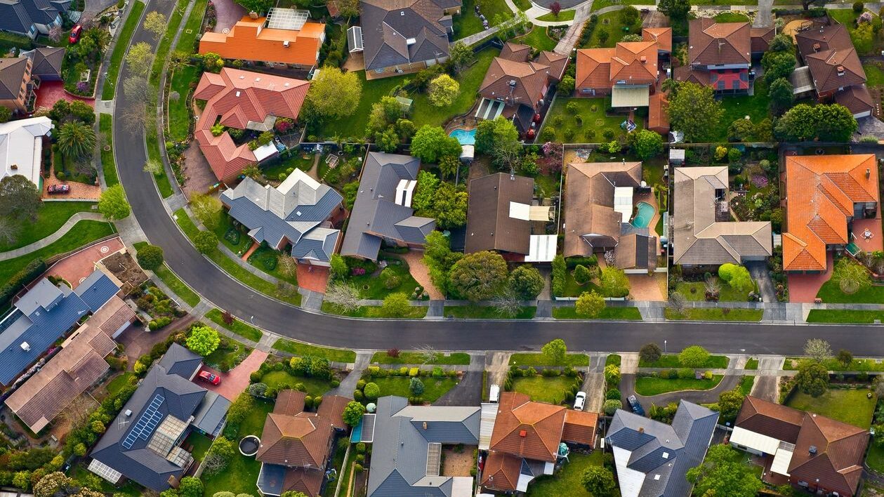 A aerial view of a residential suburban community.