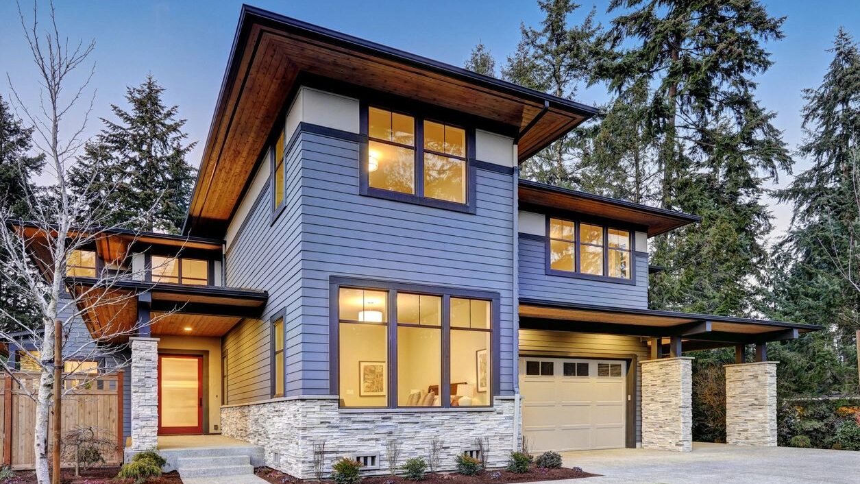 A newly built home with a beautiful landscape.