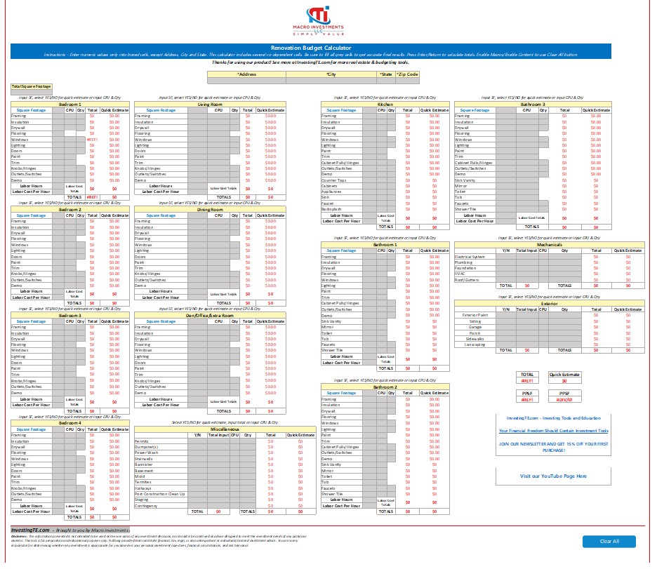 Free renovation budget calculator Excel spreadsheet for estimating repair and remodeling costs