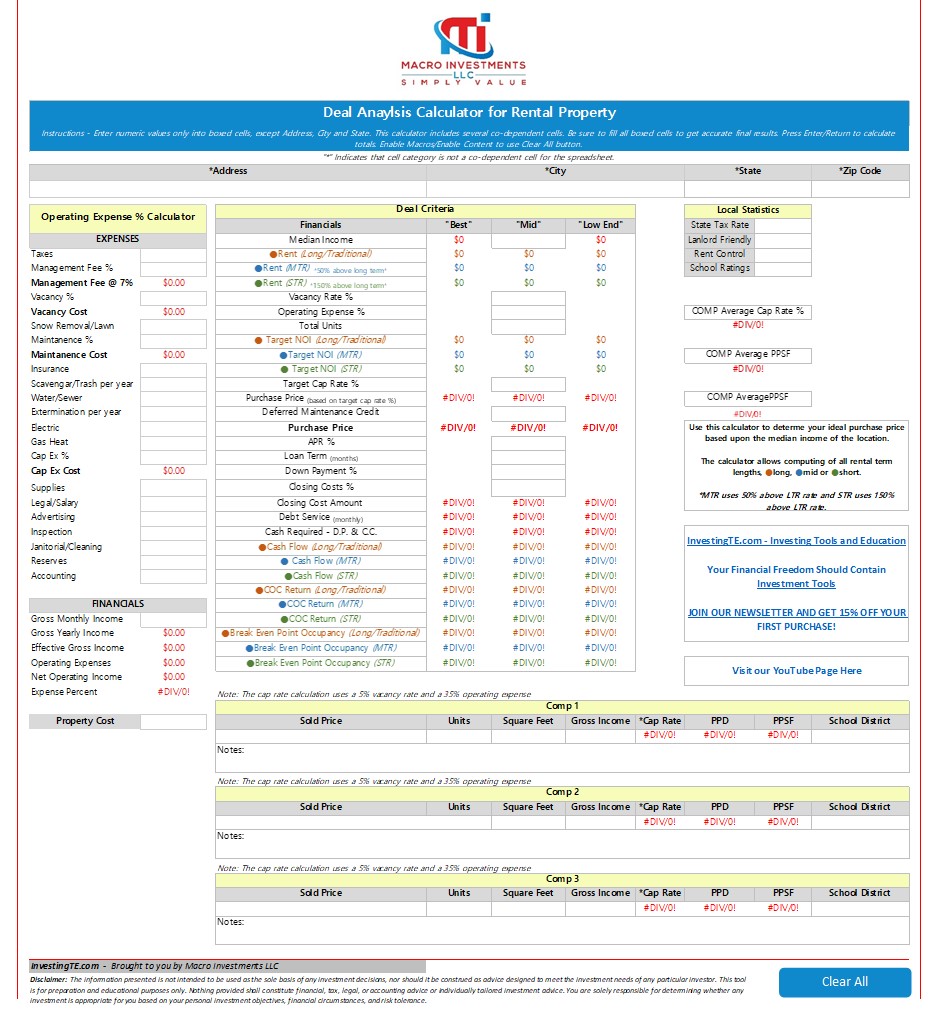 Free rental property deal analysis calculator Excel spreadsheet