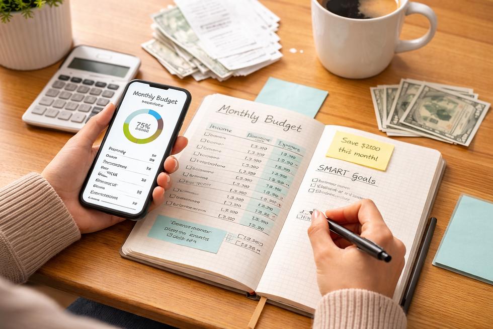 Savings goals and financial planning notes in a notebook