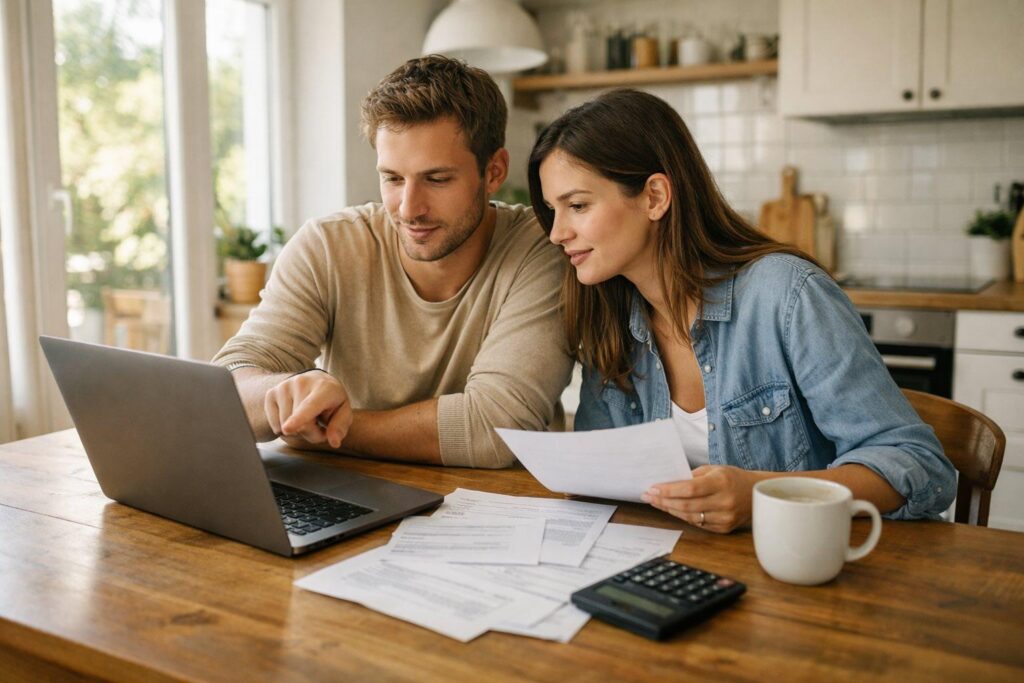 First-time home buyer reviewing mortgage documents and a home-buying budget