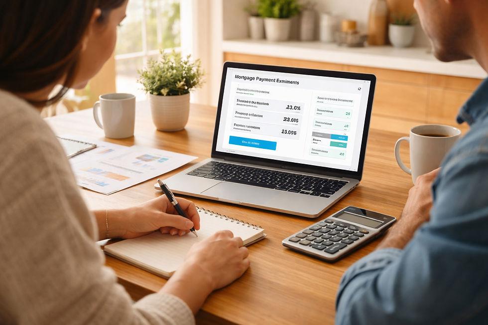 Home buyer organizing mortgage estimates and home-buying expenses using a calculator