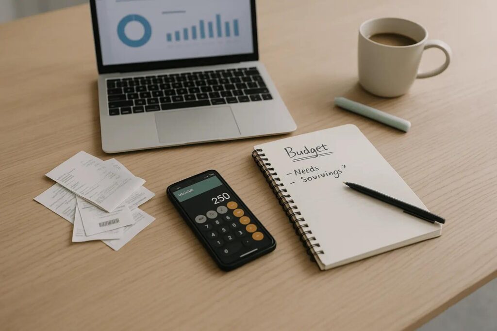 Personal financial planning worksheet with a budget and calculator