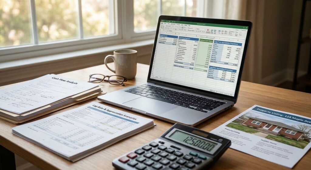 Real estate investor reviewing property income expenses and investment calculations