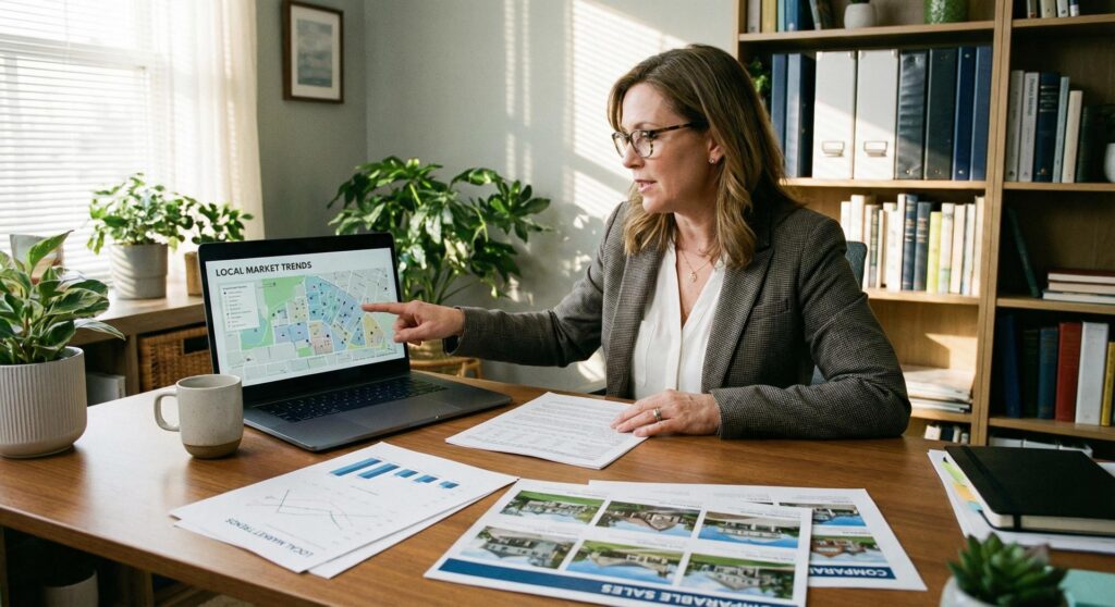 Real estate professional reviewing neighborhood maps and comparable property sales