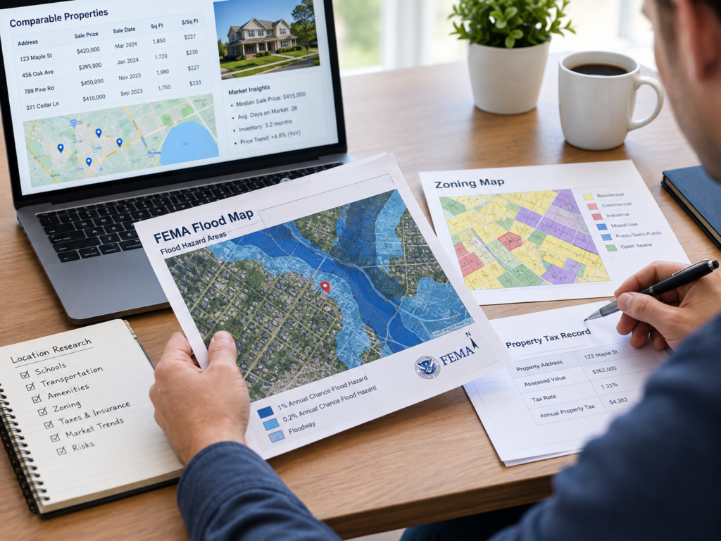 Property buyer reviewing flood maps, zoning information, and tax records