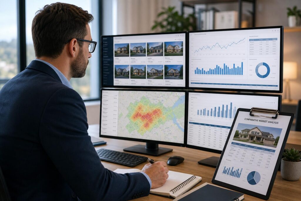 Investor comparing population, employment, and home-value data for real estate locations