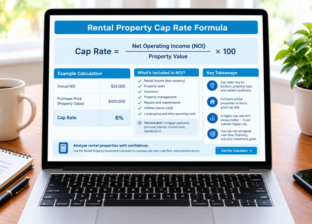 Rental property cap rate formula showing annual net operating income divided by property value multiplied by 100.