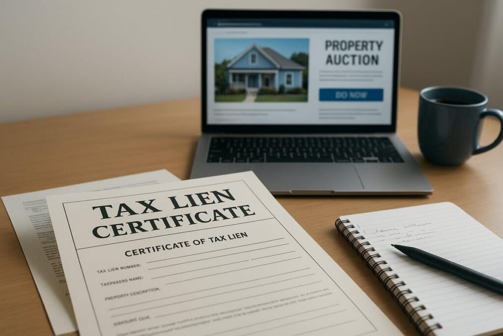 Investor reviewing tax lien auction documents and property research