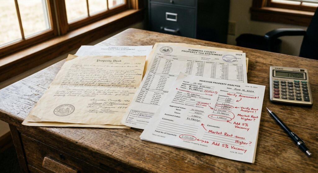 Real estate investor reviewing tax lien auction documents and parcel information