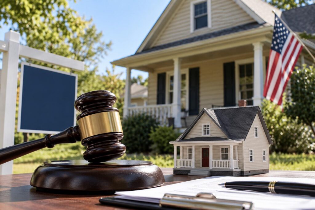 Real estate auction documents and a residential property for tax sale research